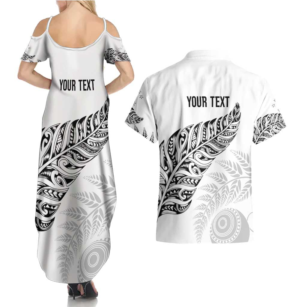 Aotearoa Personalized Lawn Bowls Maori Couples Matching Summer Maxi Dress and Hawaiian Shirt New Zealand White Tribal Silver Fern - Aussie Hoodie