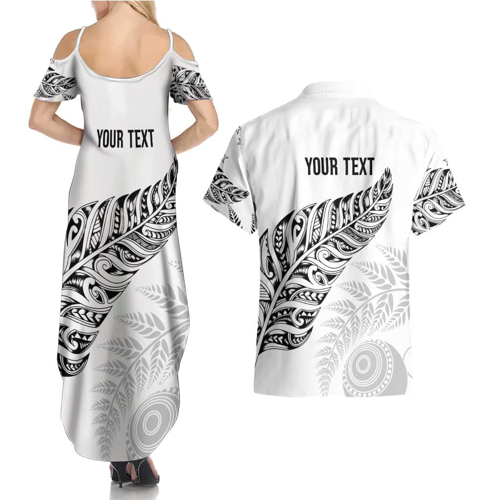 Aotearoa Personalized Lawn Bowls Maori Couples Matching Summer Maxi Dress and Hawaiian Shirt New Zealand White Tribal Silver Fern - Aussie Hoodie
