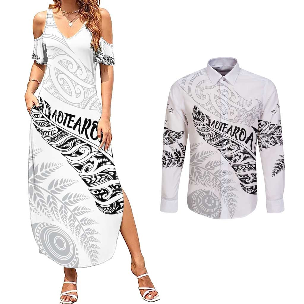 Aotearoa Personalized Lawn Bowls Maori Couples Matching Summer Maxi Dress and Long Sleeve Button Shirt New Zealand White Tribal Silver Fern - Aussie Hoodie