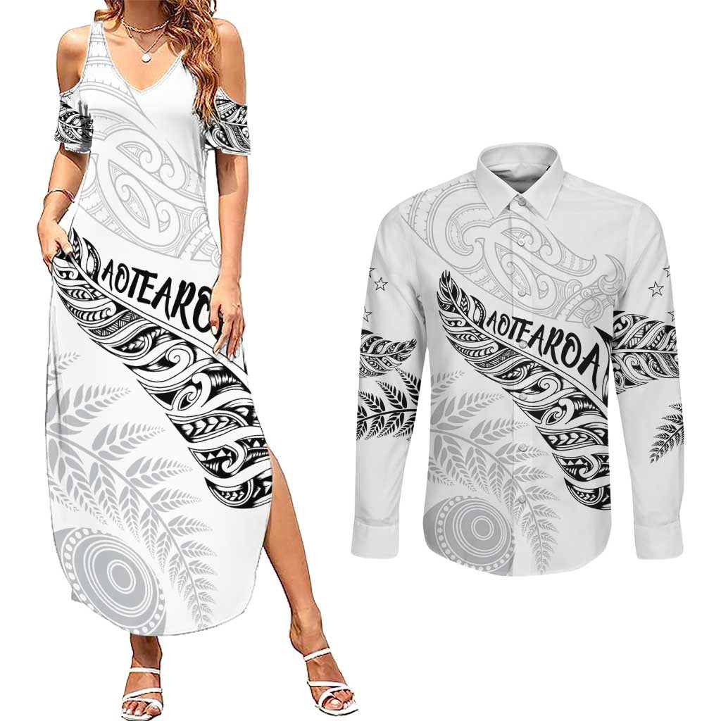 Aotearoa Personalized Lawn Bowls Maori Couples Matching Summer Maxi Dress and Long Sleeve Button Shirt New Zealand White Tribal Silver Fern - Aussie Hoodie