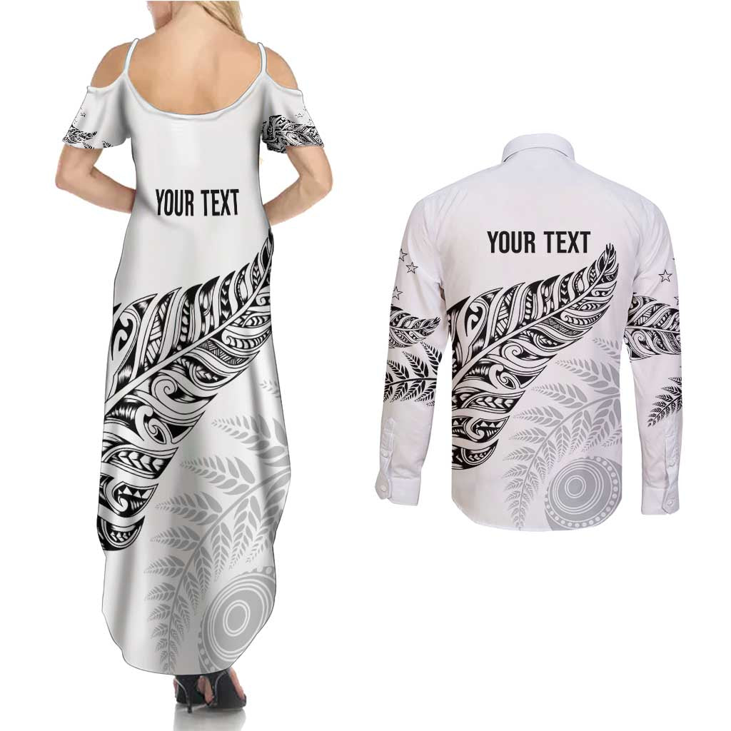 Aotearoa Personalized Lawn Bowls Maori Couples Matching Summer Maxi Dress and Long Sleeve Button Shirt New Zealand White Tribal Silver Fern - Aussie Hoodie