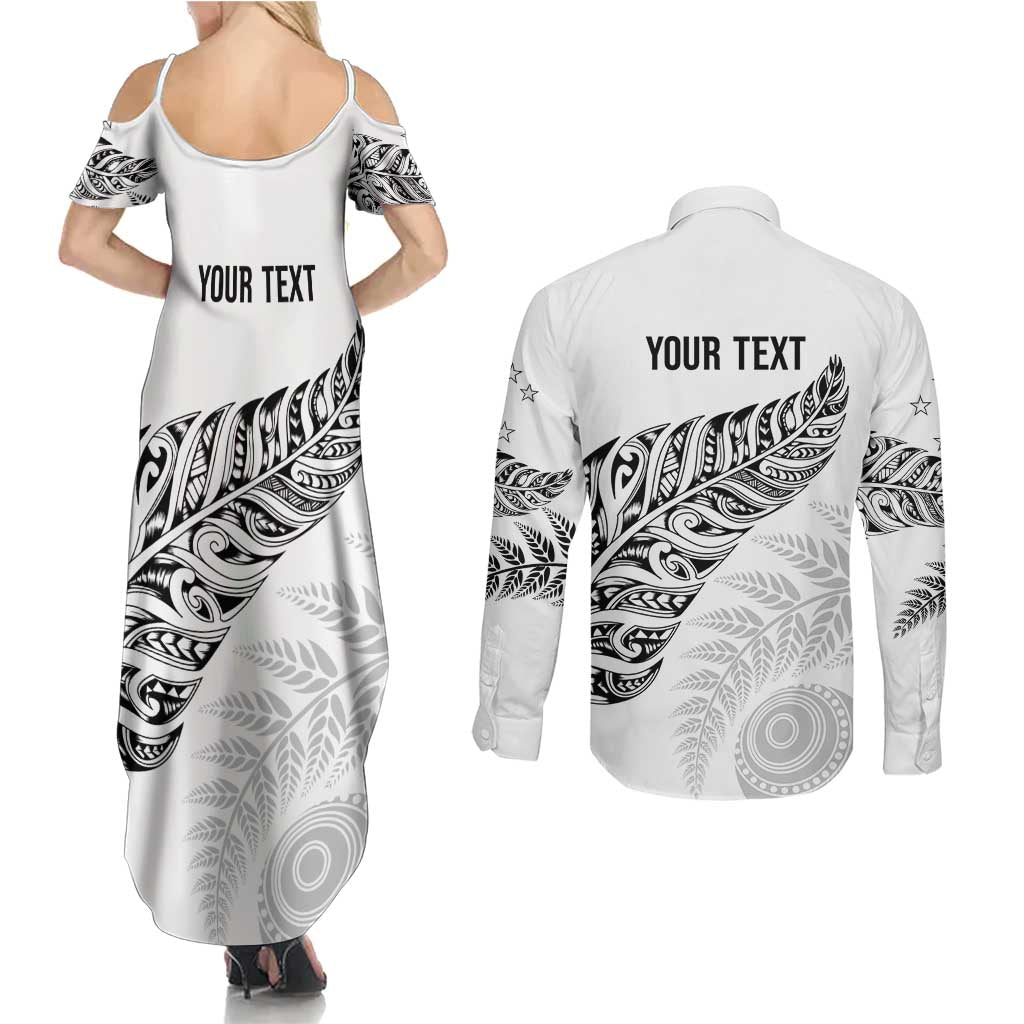 Aotearoa Personalized Lawn Bowls Maori Couples Matching Summer Maxi Dress and Long Sleeve Button Shirt New Zealand White Tribal Silver Fern - Aussie Hoodie
