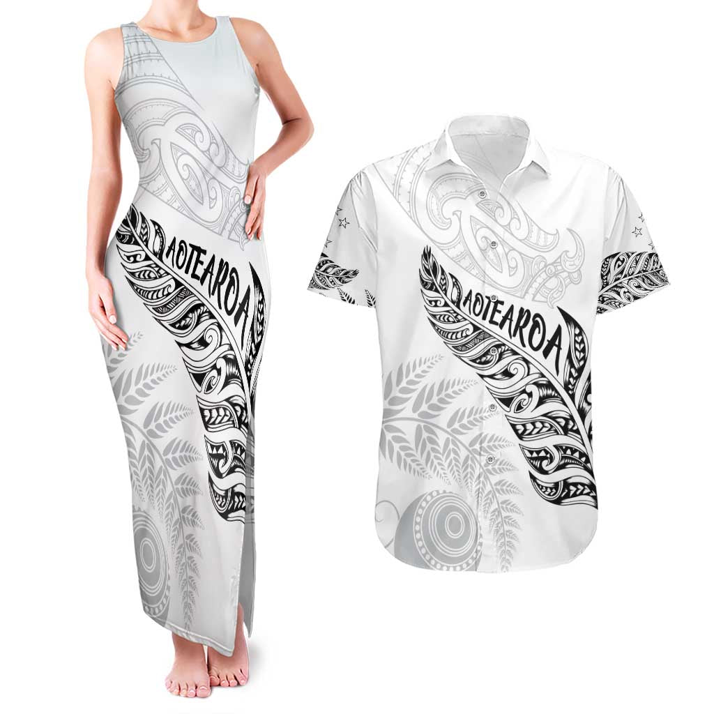 Aotearoa Personalized Lawn Bowls Maori Couples Matching Tank Maxi Dress and Hawaiian Shirt New Zealand White Tribal Silver Fern - Aussie Hoodie