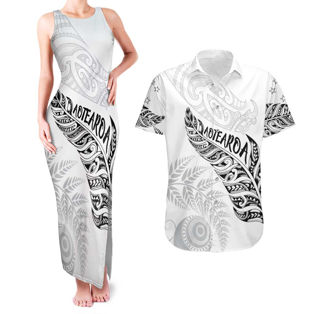 Aotearoa Personalized Lawn Bowls Maori Couples Matching Tank Maxi Dress and Hawaiian Shirt New Zealand White Tribal Silver Fern - Aussie Hoodie