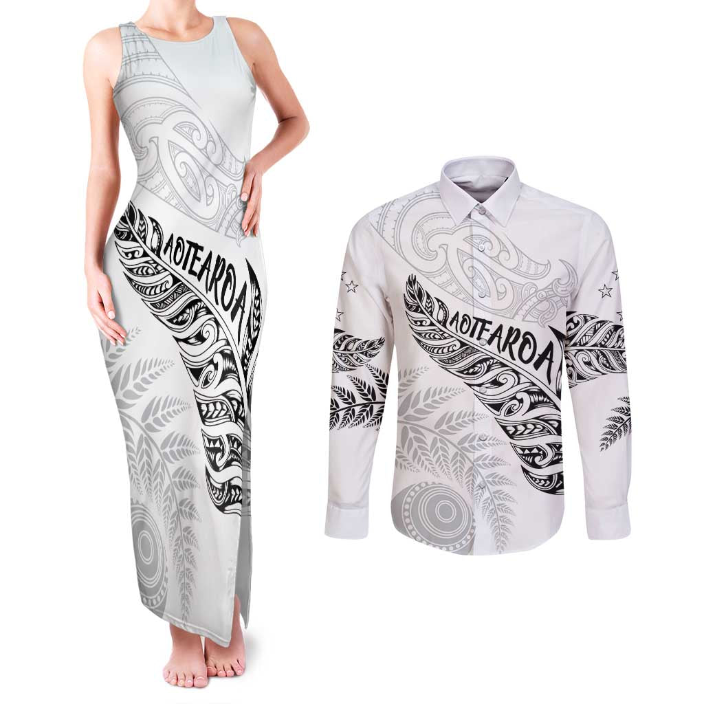 Aotearoa Personalized Lawn Bowls Maori Couples Matching Tank Maxi Dress and Long Sleeve Button Shirt New Zealand White Tribal Silver Fern - Aussie Hoodie