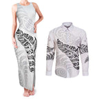 Aotearoa Personalized Lawn Bowls Maori Couples Matching Tank Maxi Dress and Long Sleeve Button Shirt New Zealand White Tribal Silver Fern - Aussie Hoodie
