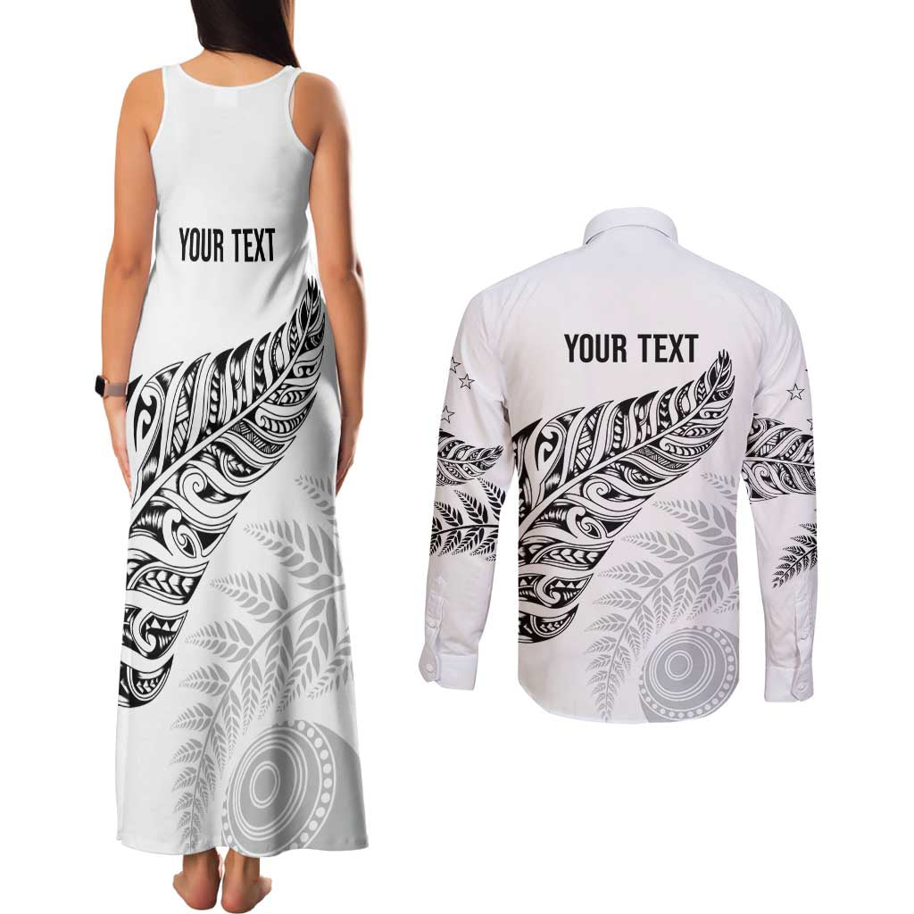 Aotearoa Personalized Lawn Bowls Maori Couples Matching Tank Maxi Dress and Long Sleeve Button Shirt New Zealand White Tribal Silver Fern - Aussie Hoodie