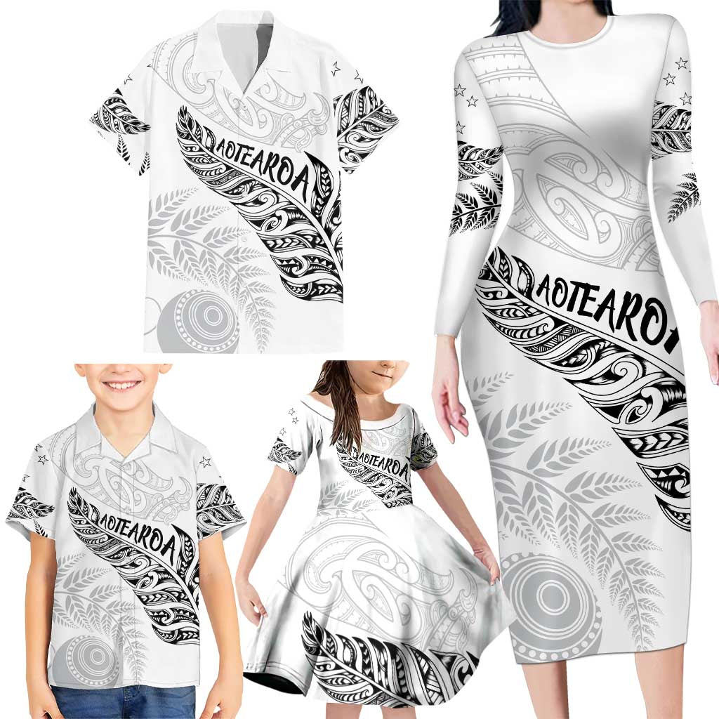 Aotearoa Personalized Lawn Bowls Maori Family Matching Long Sleeve Bodycon Dress and Hawaiian Shirt New Zealand White Tribal Silver Fern - Aussie Hoodie
