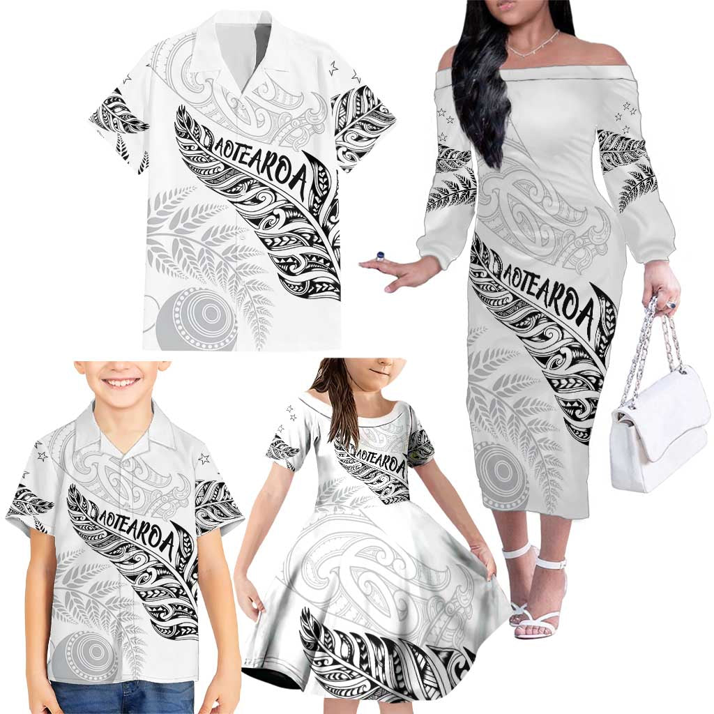 Aotearoa Personalized Lawn Bowls Maori Family Matching Off The Shoulder Long Sleeve Dress and Hawaiian Shirt New Zealand White Tribal Silver Fern - Aussie Hoodie