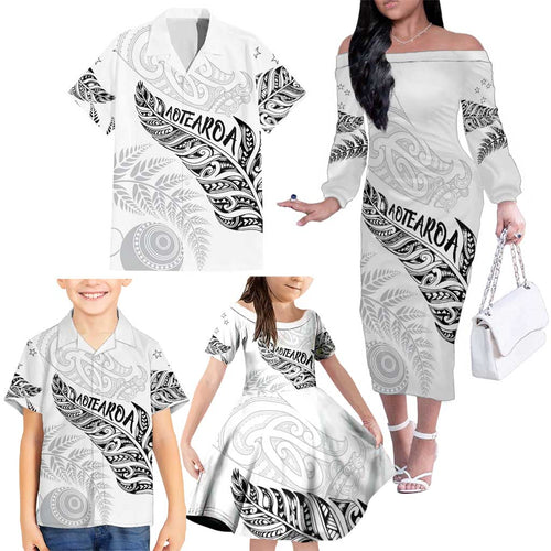Aotearoa Personalized Lawn Bowls Maori Family Matching Off The Shoulder Long Sleeve Dress and Hawaiian Shirt New Zealand White Tribal Silver Fern - Aussie Hoodie