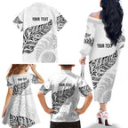 Aotearoa Personalized Lawn Bowls Maori Family Matching Off The Shoulder Long Sleeve Dress and Hawaiian Shirt New Zealand White Tribal Silver Fern - Aussie Hoodie