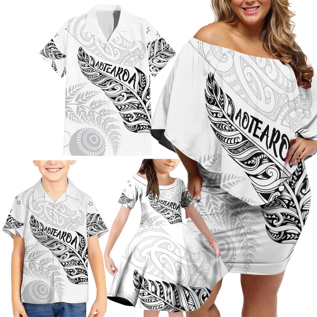 Aotearoa Personalized Lawn Bowls Maori Family Matching Off Shoulder Short Dress and Hawaiian Shirt New Zealand White Tribal Silver Fern - Aussie Hoodie