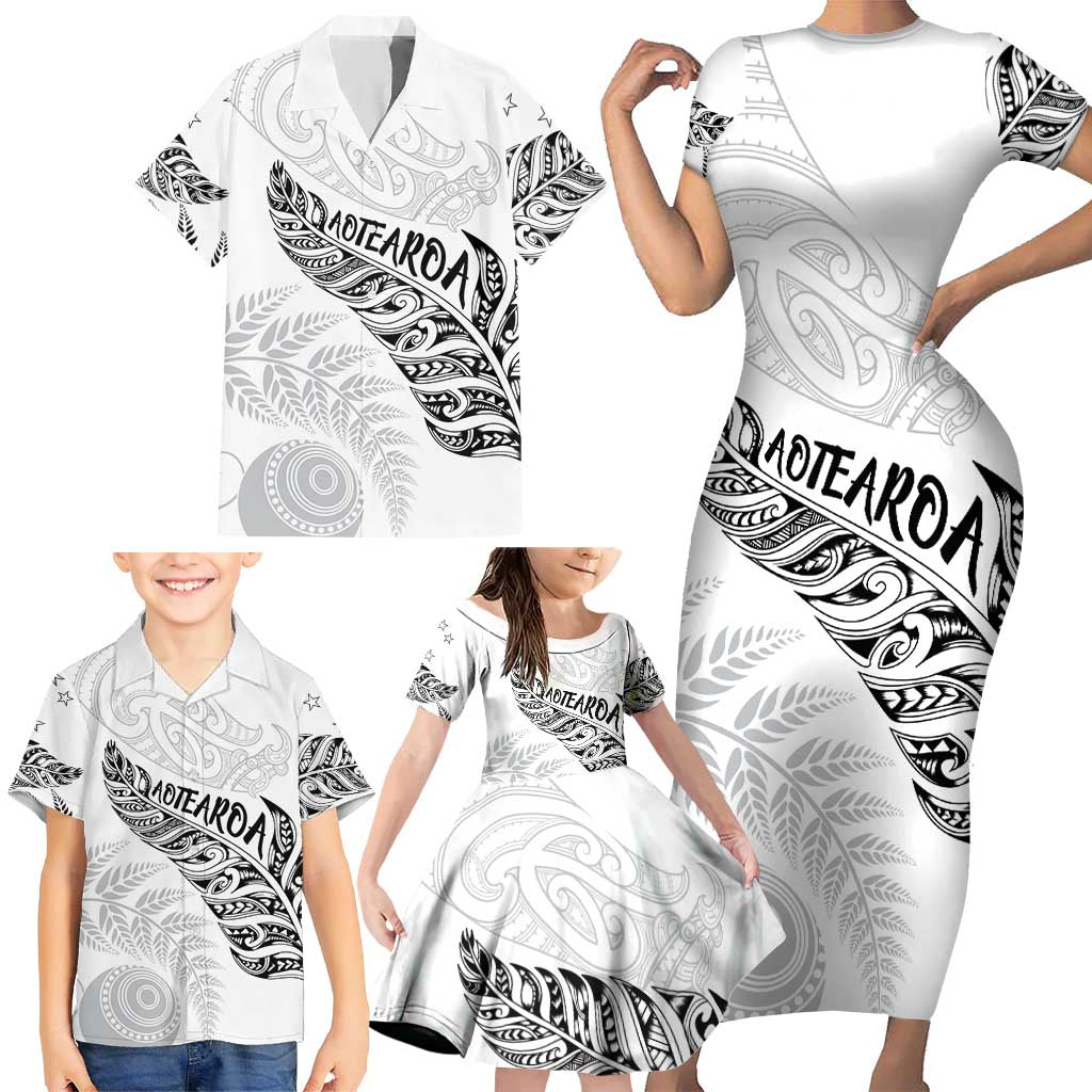 Aotearoa Personalized Lawn Bowls Maori Family Matching Short Sleeve Bodycon Dress and Hawaiian Shirt New Zealand White Tribal Silver Fern - Aussie Hoodie