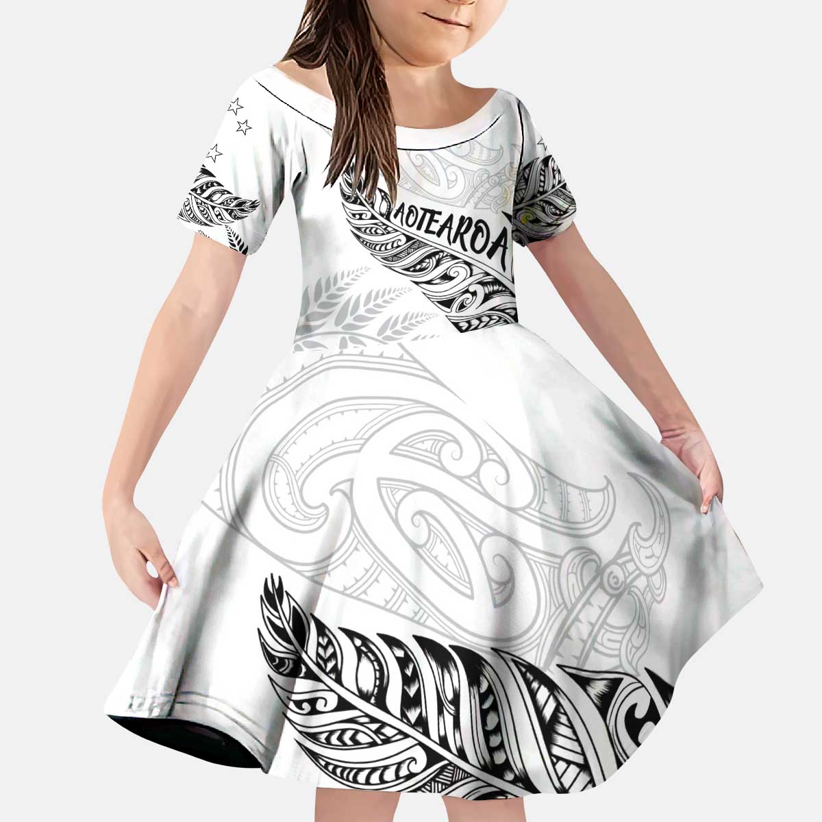 Aotearoa Personalized Lawn Bowls Maori Kid Short Sleeve Dress New Zealand White Tribal Silver Fern - Aussie Hoodie
