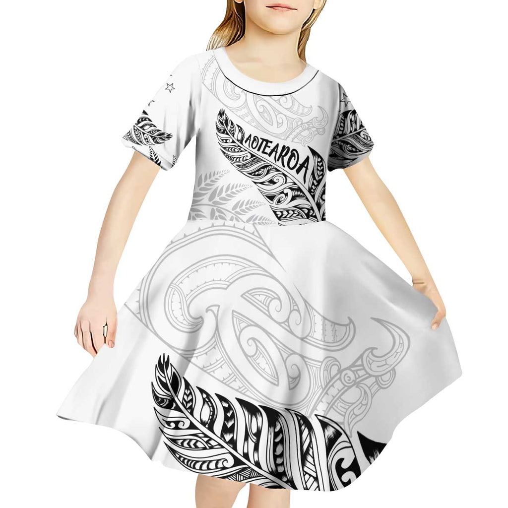Aotearoa Personalized Lawn Bowls Maori Kid Short Sleeve Dress New Zealand White Tribal Silver Fern - Aussie Hoodie