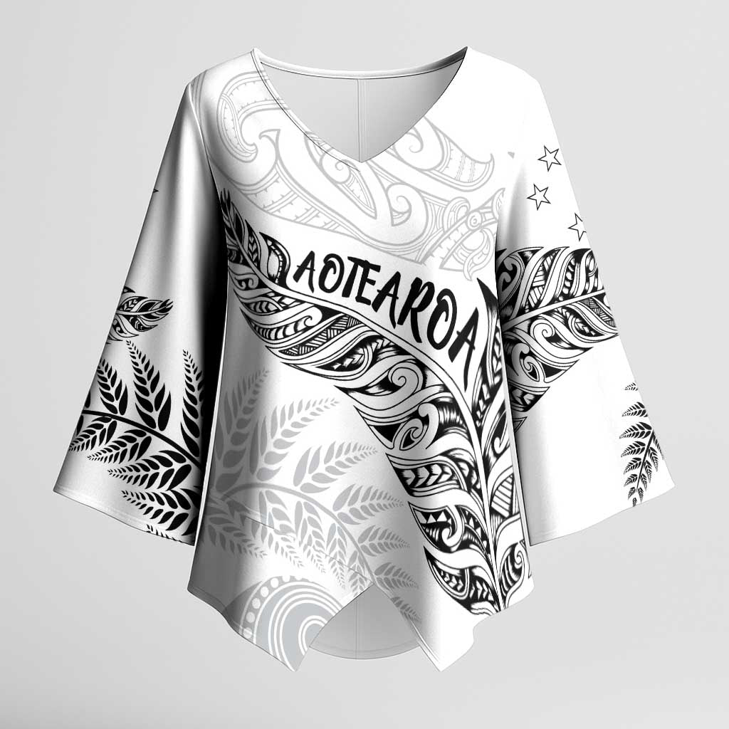 Aotearoa Personalized Lawn Bowls Maori Kimono Sleeve Blouse New Zealand White Tribal Silver Fern - Aussie Hoodie
