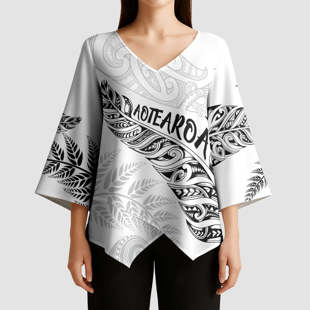 Aotearoa Personalized Lawn Bowls Maori Kimono Sleeve Blouse New Zealand White Tribal Silver Fern - Aussie Hoodie