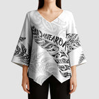 Aotearoa Personalized Lawn Bowls Maori Kimono Sleeve Blouse New Zealand White Tribal Silver Fern - Aussie Hoodie