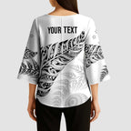 Aotearoa Personalized Lawn Bowls Maori Kimono Sleeve Blouse New Zealand White Tribal Silver Fern - Aussie Hoodie