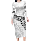 Aotearoa Personalized Lawn Bowls Maori Long Sleeve Bodycon Dress New Zealand White Tribal Silver Fern - Aussie Hoodie