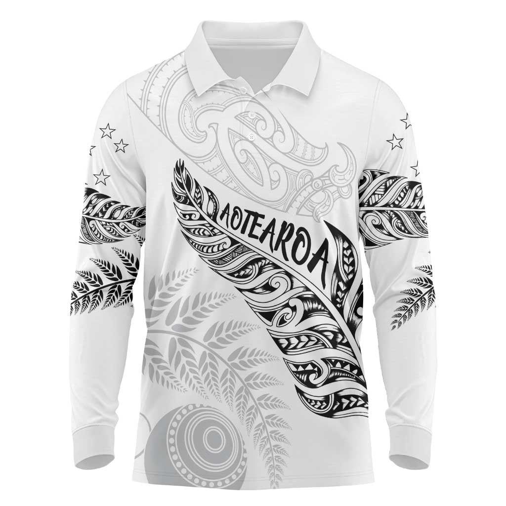Aotearoa Personalized Lawn Bowls Maori Long Sleeve Polo Shirt New Zealand White Tribal Silver Fern - Aussie Hoodie