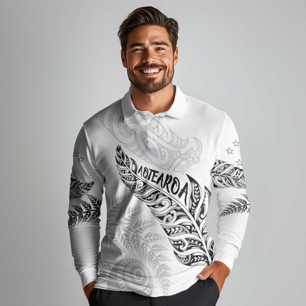 Aotearoa Personalized Lawn Bowls Maori Long Sleeve Polo Shirt New Zealand White Tribal Silver Fern - Aussie Hoodie
