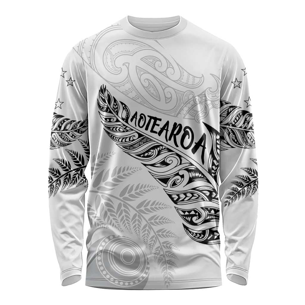 Aotearoa Personalized Lawn Bowls Maori Long Sleeve Shirt New Zealand White Tribal Silver Fern - Aussie Hoodie