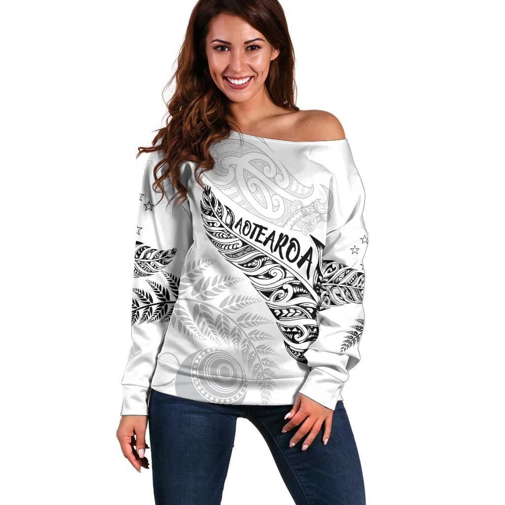 Aotearoa Personalized Lawn Bowls Maori Off Shoulder Sweater New Zealand White Tribal Silver Fern - Aussie Hoodie