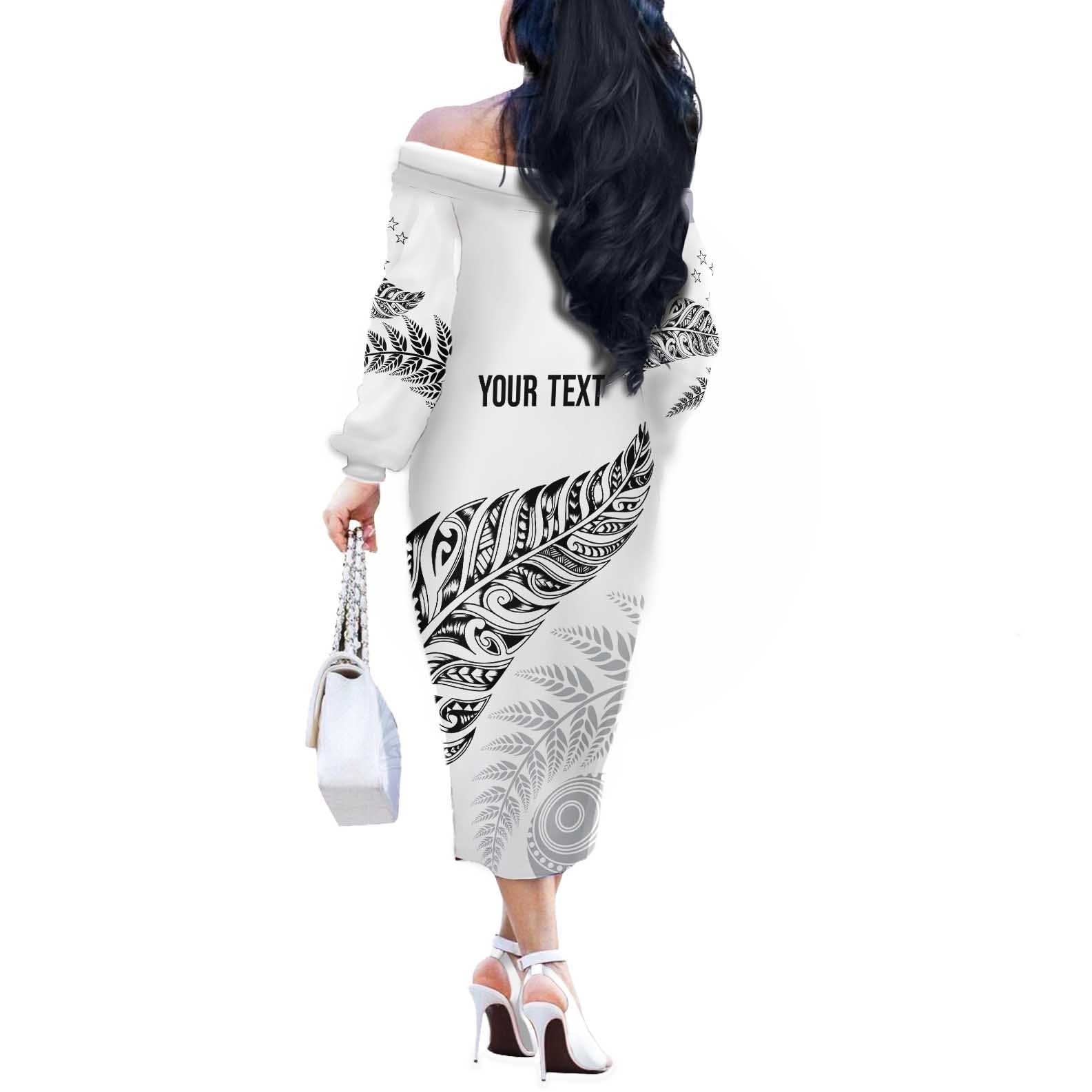 Aotearoa Personalized Lawn Bowls Maori Off The Shoulder Long Sleeve Dress New Zealand White Tribal Silver Fern - Aussie Hoodie