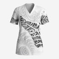 Aotearoa Personalized Lawn Bowls Maori Scrub Top New Zealand White Tribal Silver Fern - Aussie Hoodie