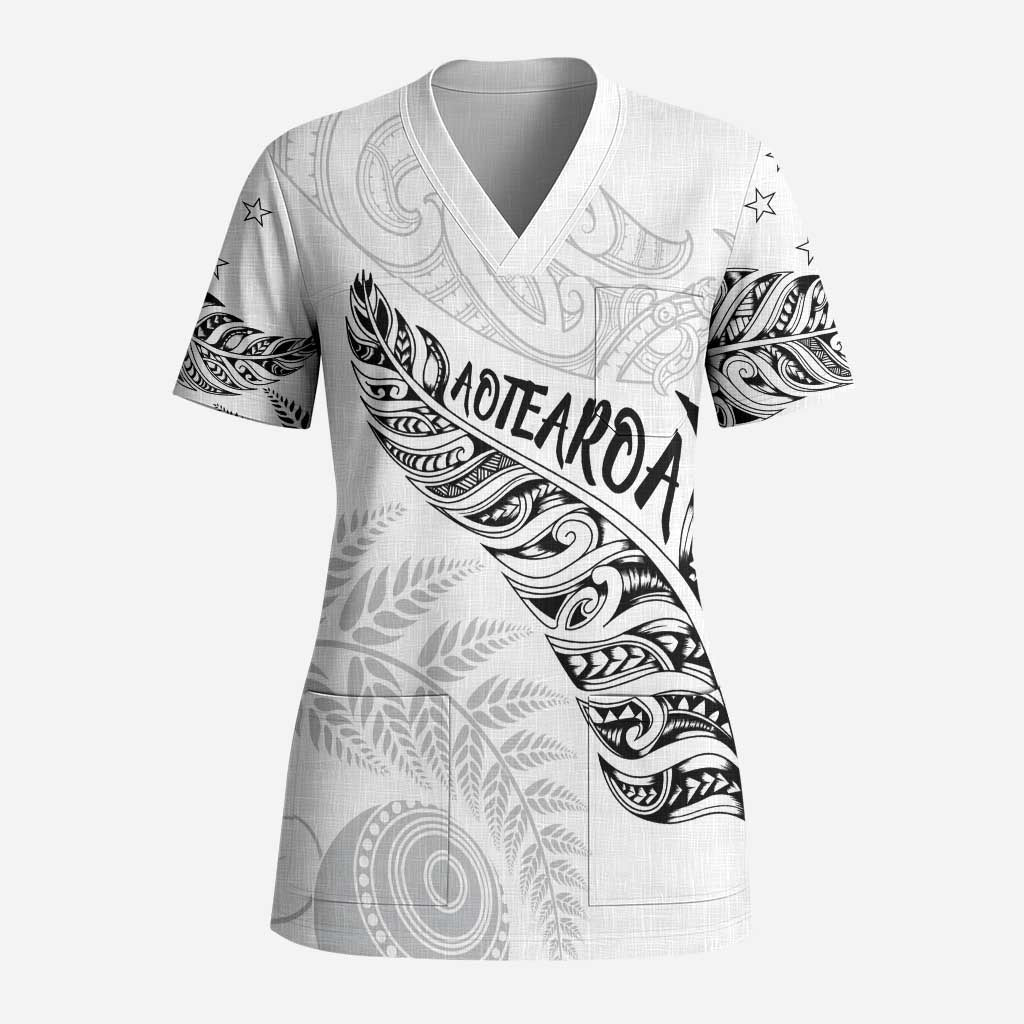 Aotearoa Personalized Lawn Bowls Maori Scrub Top New Zealand White Tribal Silver Fern - Aussie Hoodie
