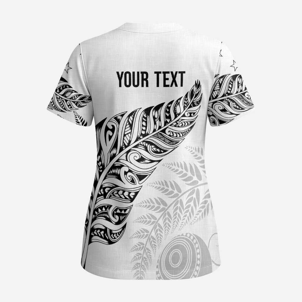 Aotearoa Personalized Lawn Bowls Maori Scrub Top New Zealand White Tribal Silver Fern - Aussie Hoodie