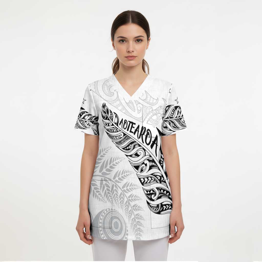 Aotearoa Personalized Lawn Bowls Maori Scrub Top New Zealand White Tribal Silver Fern - Aussie Hoodie
