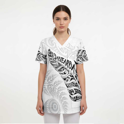 Aotearoa Personalized Lawn Bowls Maori Scrub Top New Zealand White Tribal Silver Fern - Aussie Hoodie