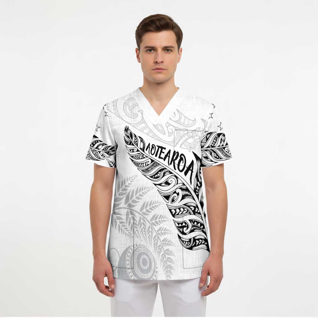 Aotearoa Personalized Lawn Bowls Maori Scrub Top New Zealand White Tribal Silver Fern - Aussie Hoodie