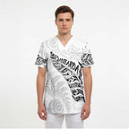 Aotearoa Personalized Lawn Bowls Maori Scrub Top New Zealand White Tribal Silver Fern - Aussie Hoodie
