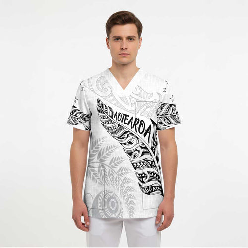 Aotearoa Personalized Lawn Bowls Maori Scrub Top New Zealand White Tribal Silver Fern - Aussie Hoodie