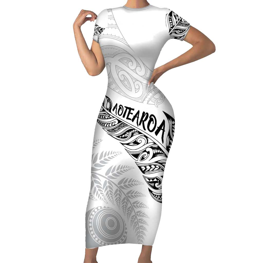 Aotearoa Personalized Lawn Bowls Maori Short Sleeve Bodycon Dress New Zealand White Tribal Silver Fern - Aussie Hoodie