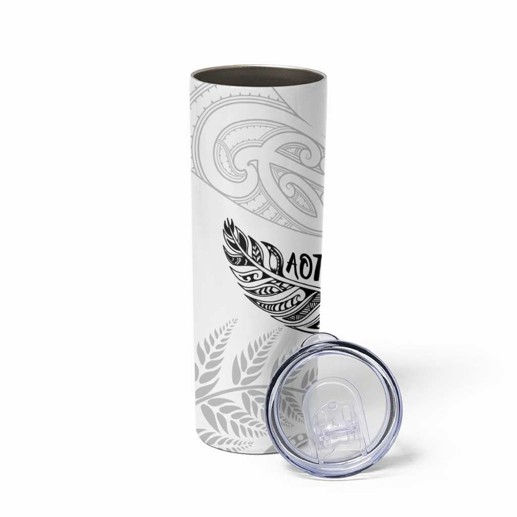 Aotearoa Personalized Lawn Bowls Maori Skinny Tumbler New Zealand White Tribal Silver Fern - Aussie Hoodie