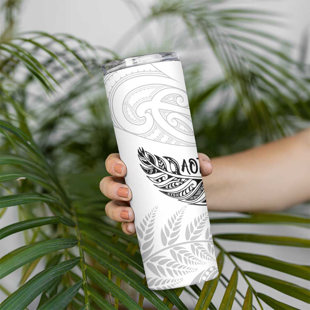 Aotearoa Personalized Lawn Bowls Maori Skinny Tumbler New Zealand White Tribal Silver Fern - Aussie Hoodie