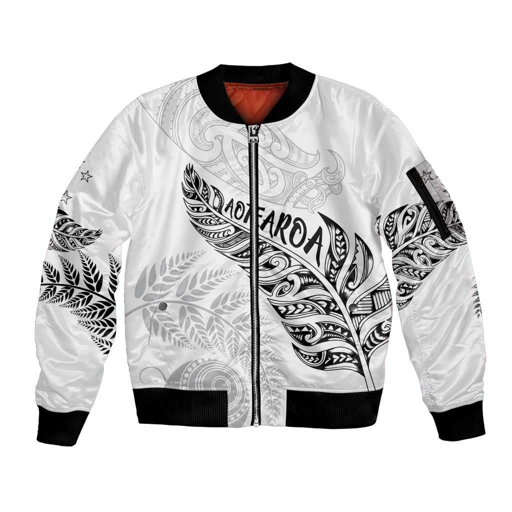 Aotearoa Personalized Lawn Bowls Maori Sleeve Zip Bomber Jacket New Zealand White Tribal Silver Fern - Aussie Hoodie
