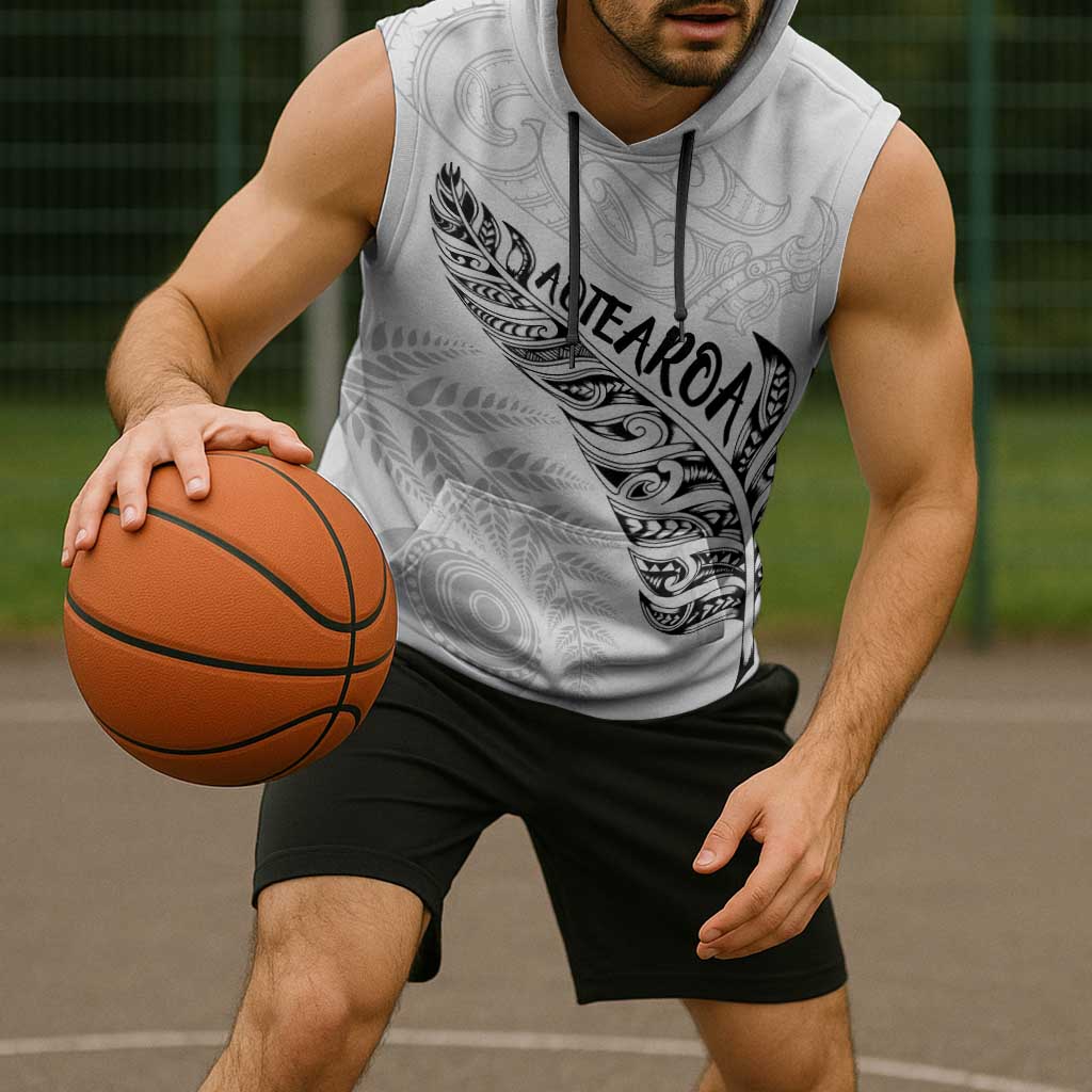 Aotearoa Personalized Lawn Bowls Maori Sleeveless Hoodie New Zealand White Tribal Silver Fern - Aussie Hoodie
