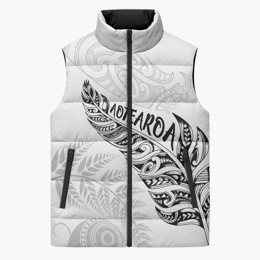 Aotearoa Personalized Lawn Bowls Maori Sleeveless Puffer Jacket New Zealand White Tribal Silver Fern - Aussie Hoodie