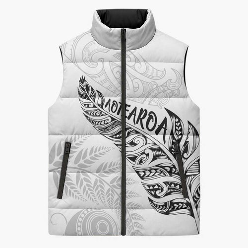 Aotearoa Personalized Lawn Bowls Maori Sleeveless Puffer Jacket New Zealand White Tribal Silver Fern - Aussie Hoodie