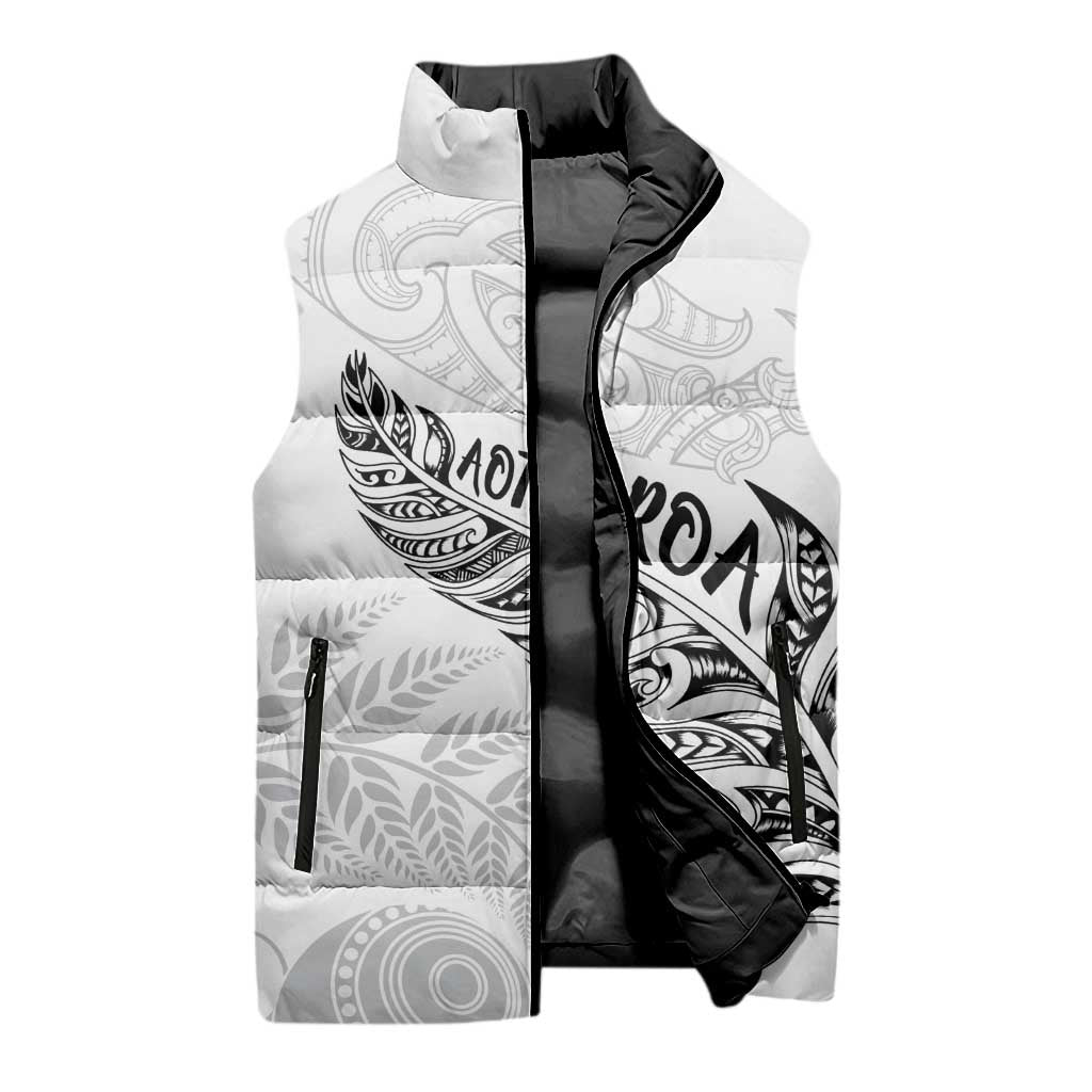 Aotearoa Personalized Lawn Bowls Maori Sleeveless Puffer Jacket New Zealand White Tribal Silver Fern - Aussie Hoodie