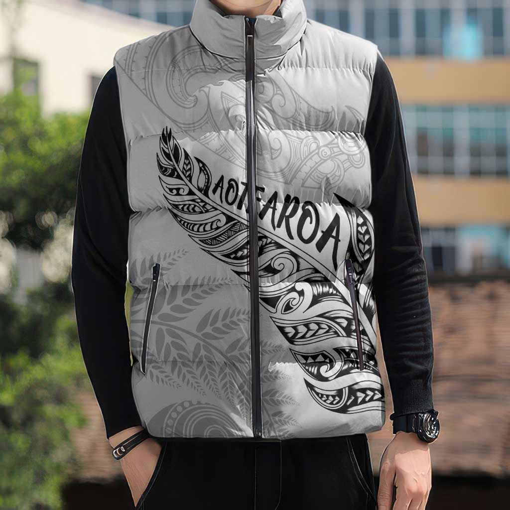 Aotearoa Personalized Lawn Bowls Maori Sleeveless Puffer Jacket New Zealand White Tribal Silver Fern - Aussie Hoodie