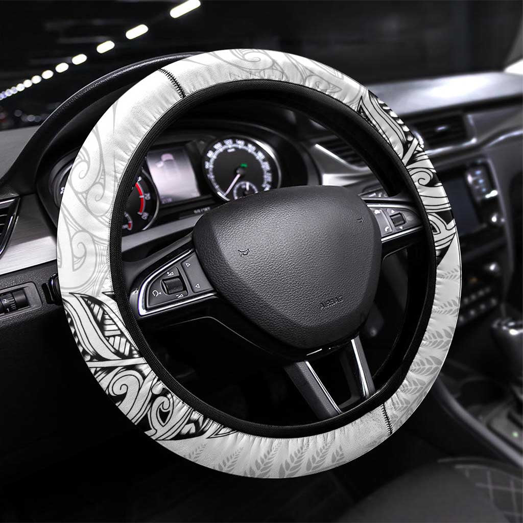 Aotearoa Lawn Bowls Maori Steering Wheel Cover New Zealand White Tribal Silver Fern - Aussie Hoodie