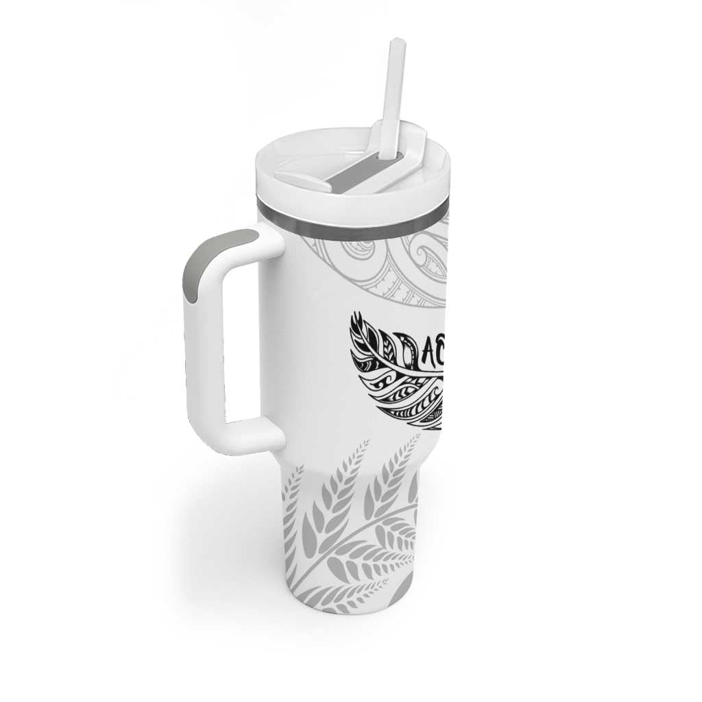 Aotearoa Personalized Lawn Bowls Maori Tumbler With Handle New Zealand White Tribal Silver Fern - Aussie Hoodie