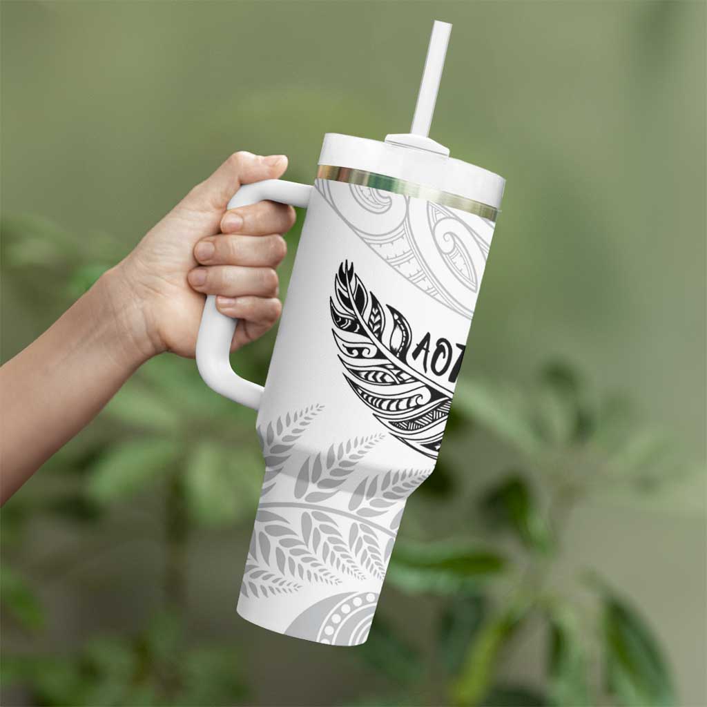 Aotearoa Personalized Lawn Bowls Maori Tumbler With Handle New Zealand White Tribal Silver Fern - Aussie Hoodie