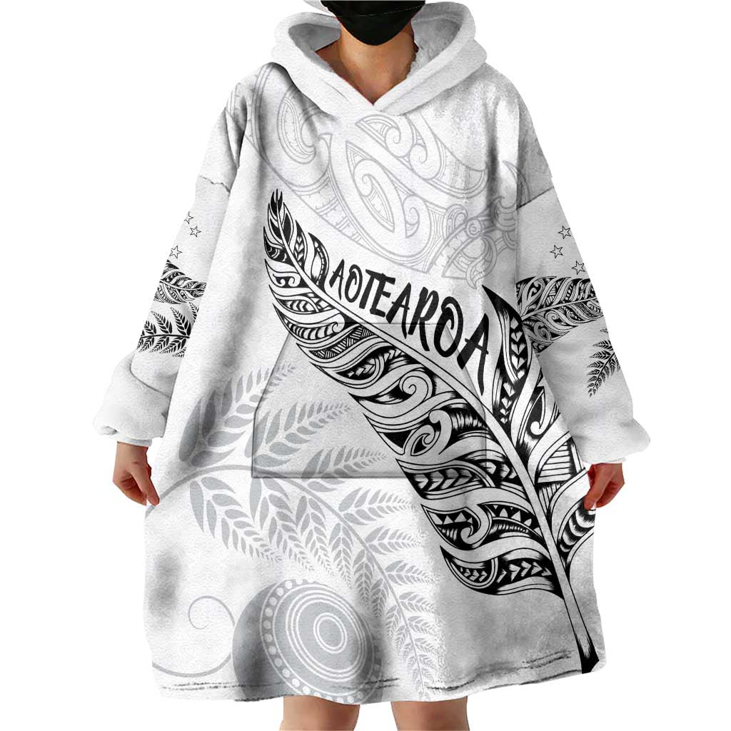 Aotearoa Personalized Lawn Bowls Maori Wearable Blanket Hoodie New Zealand White Tribal Silver Fern - Aussie Hoodie